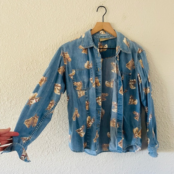Liz Claiborne Chambray Button Up Horse Print Shirt - Picture 3 of 8
